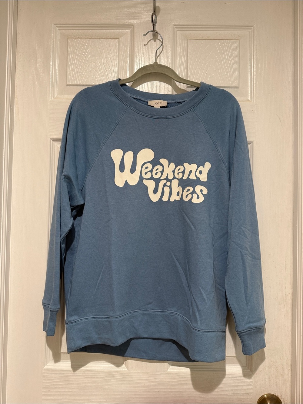 LOFT Light Blue 'Weekend Vibes' Scoop Crewneck Sweatshirt